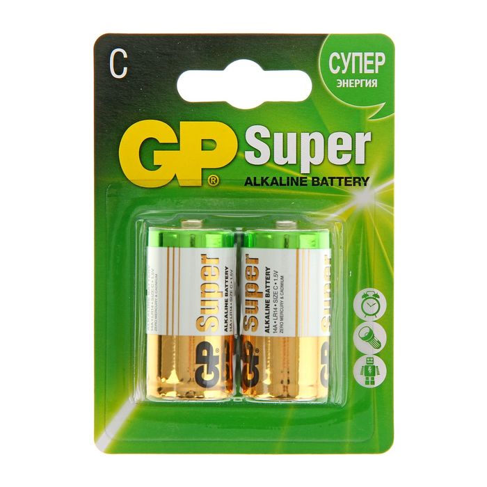 Батарейка алкалиновая GP Super, C, LR14-2BL, 1.5В, блистер, 2 шт. - Фото 1
