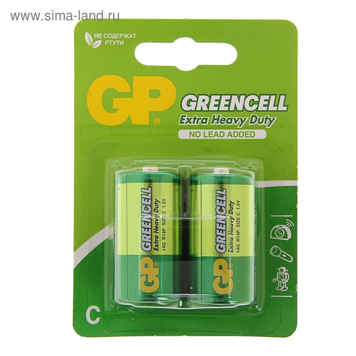 Батарейка солевая GP Greencell Extra Heavy Duty, С, R14-2BL, 1.5 В, блистер, 2 шт. - Фото 1