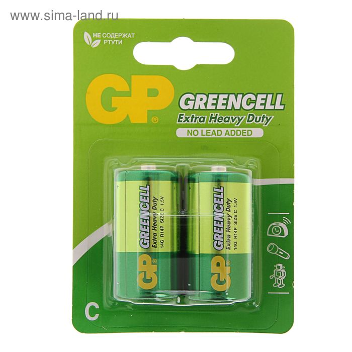 Батарейка солевая GP Greencell Extra Heavy Duty, С, R14-2BL, 1.5В, блистер, 2 шт. - Фото 1