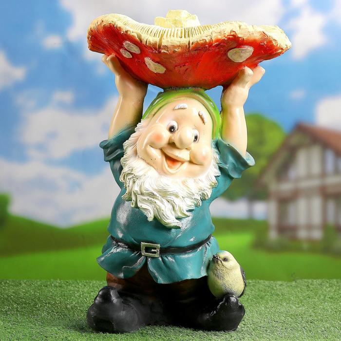 Садовая фигура-поилка "Гном с красным грибом" Хорошие сувениры из полистоуна, 48 см, большая - фото 1908383656