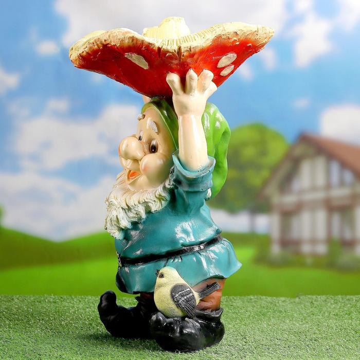 Садовая фигура-поилка "Гном с красным грибом" Хорошие сувениры из полистоуна, 48 см, большая - фото 1892233386