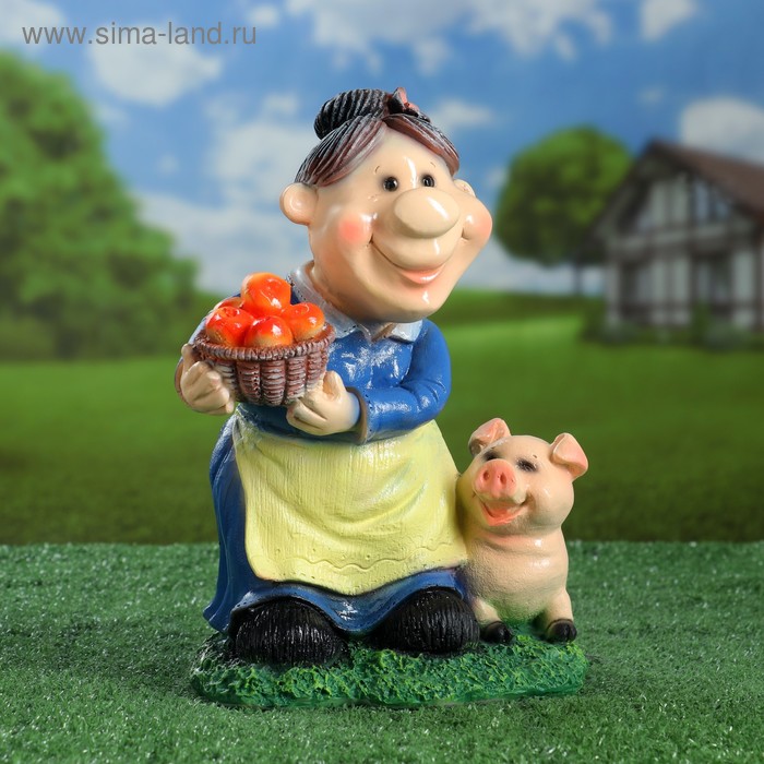 Садовая фигура из полистоуна «Бабка с поросёнком» синий, 30×21 см - Фото 1
