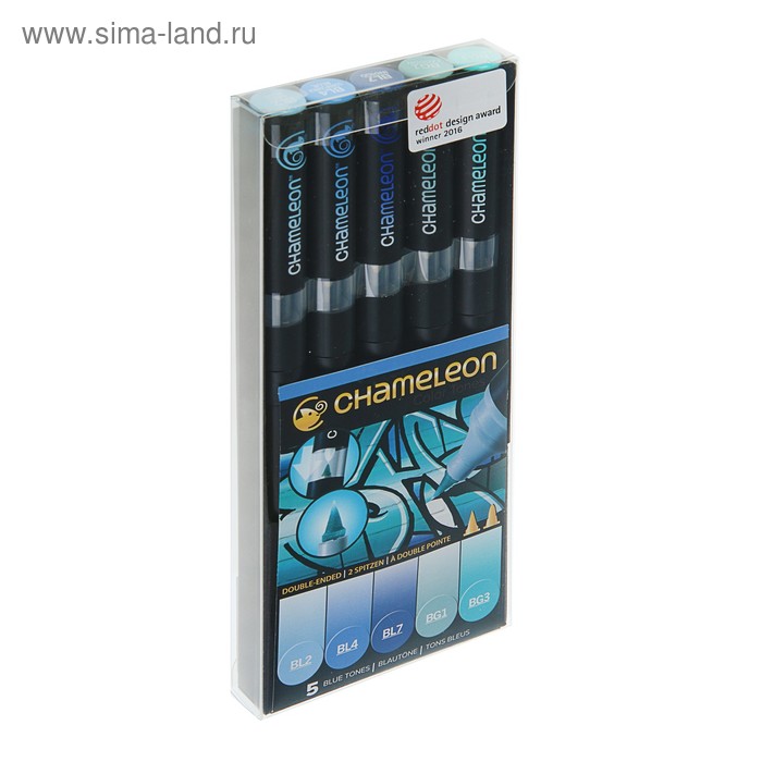 Набор художественных маркеров Chameleon, 5 цветов, двусторонний, пулевидный, 1.0, спиртовая основа, голубые тона - Фото 1