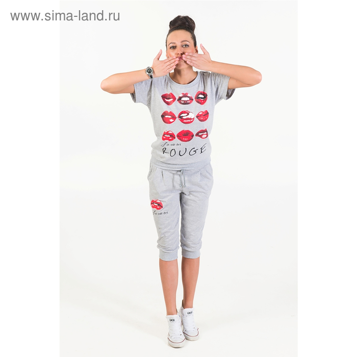 Комплект женский (футболка, бриджи) 146 цвет серый меланж, р-р 46 - Фото 1