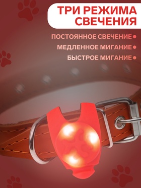 Световой маячок на ошейник/поводок с 3 режимами свечения «Лапка», 3.2 см, силикон, красный (комплект 2 шт)