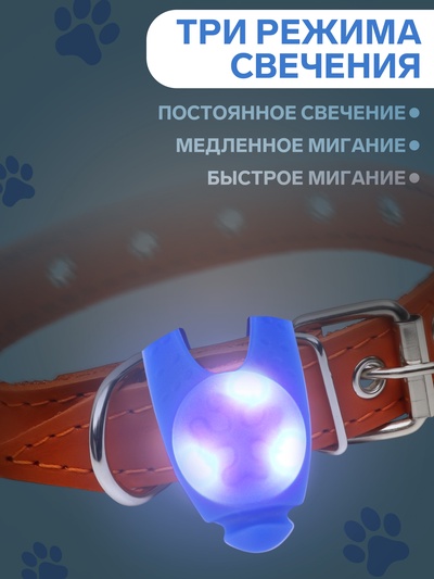 Световой маячок на ошейник/поводок «Лапка», 3 режима свечения, 3.2 см, силикон, синий