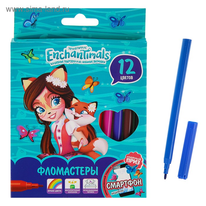 Фломастеры 12 цветов Mattel Enchantimals, вентилируемый колпачок - Фото 1