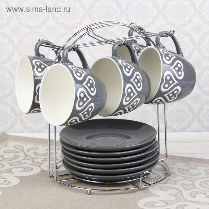 Набор чайный "Романтика", 10 предметов: 5 чашек 220 мл, 5 блюдец, на подставке, цвет серый УЦЕНКА - Фото 1