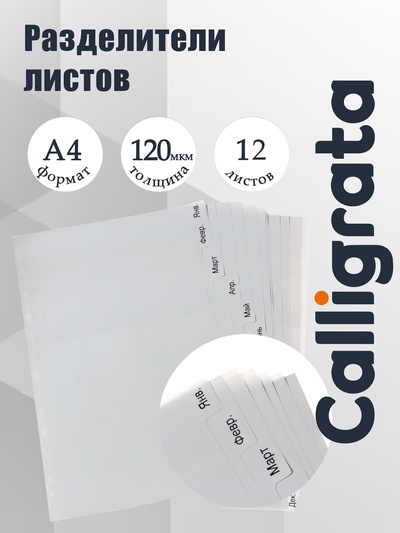 Набор разделителей листов А4 Office-2000, по месяцам ЯНВ-ДЕК, 12 листов, серые, пластик 120 мкм
