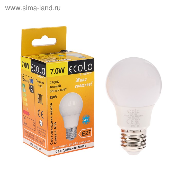 Лампа светодиодная Ecola Light classic, A55,  7 Вт, E27, 2700 K, 100 x 55 мм - Фото 1