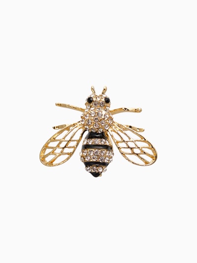 Брошь «Шмель», чёрная, белый в золоте