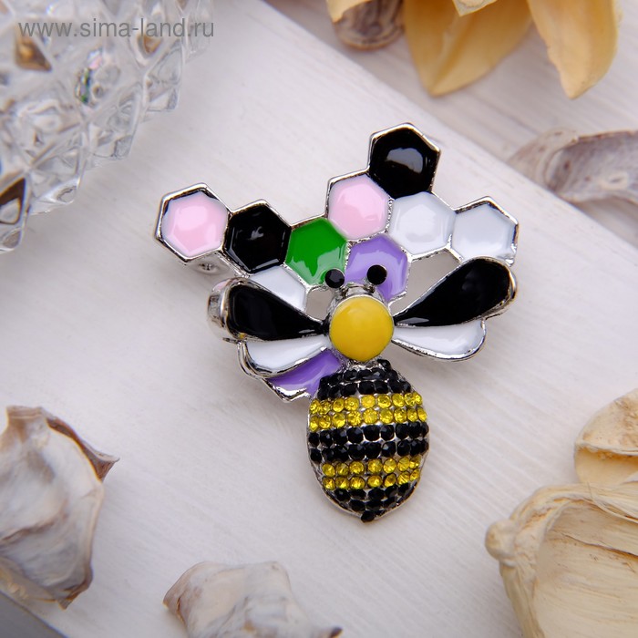Брошь «Пчела с сотами», цветная в серебре - Фото 1