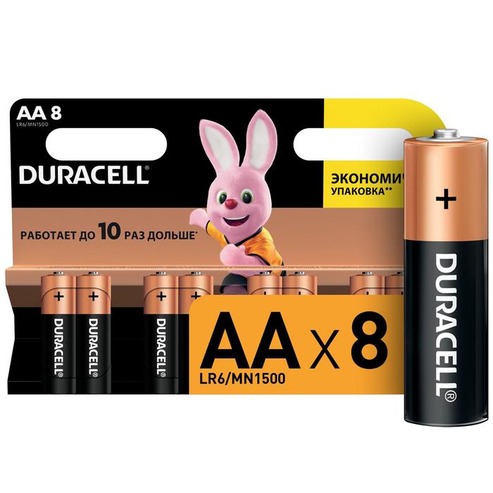 Батарейка алкалиновая Duracell Basic, AA, LR6-8BL, 1.5В, блистер, 8 шт. - Фото 1