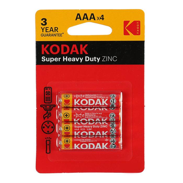 Батарейка солевая Kodak Super Extra Heavy Duty, AAA, R03-4BL, 1.5 В, блистер, 4 шт. - Фото 1