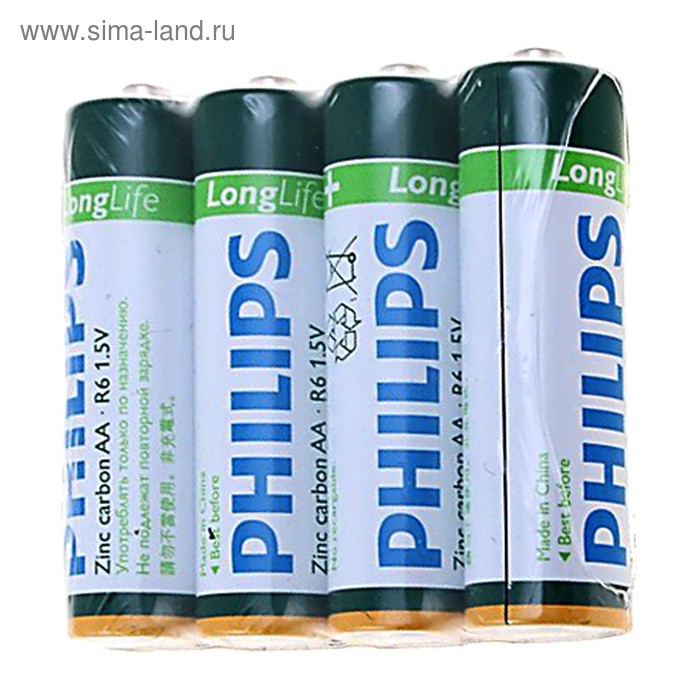 Батарейка солевая Philips LongLife, AA, R6-4S, 1.5В, спайка, 4 шт. - Фото 1