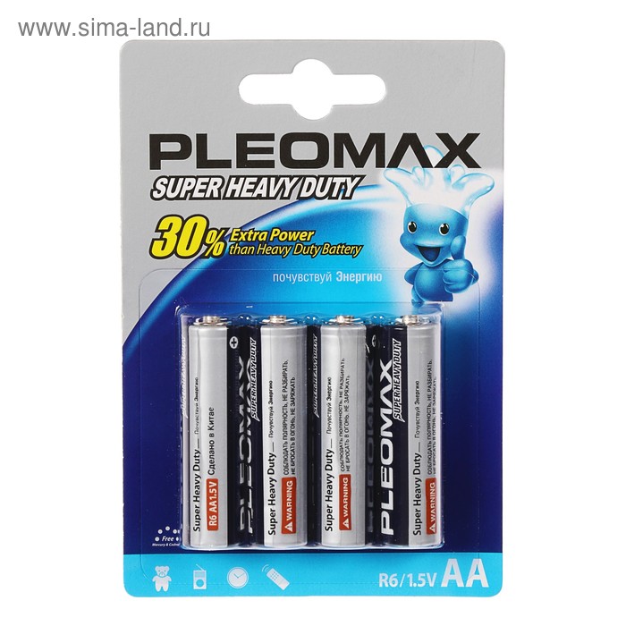 Батарейка солевая Pleomax Super Heavy Duty, AA, R6-4BL, 1.5В, блистер, 4 шт. - Фото 1