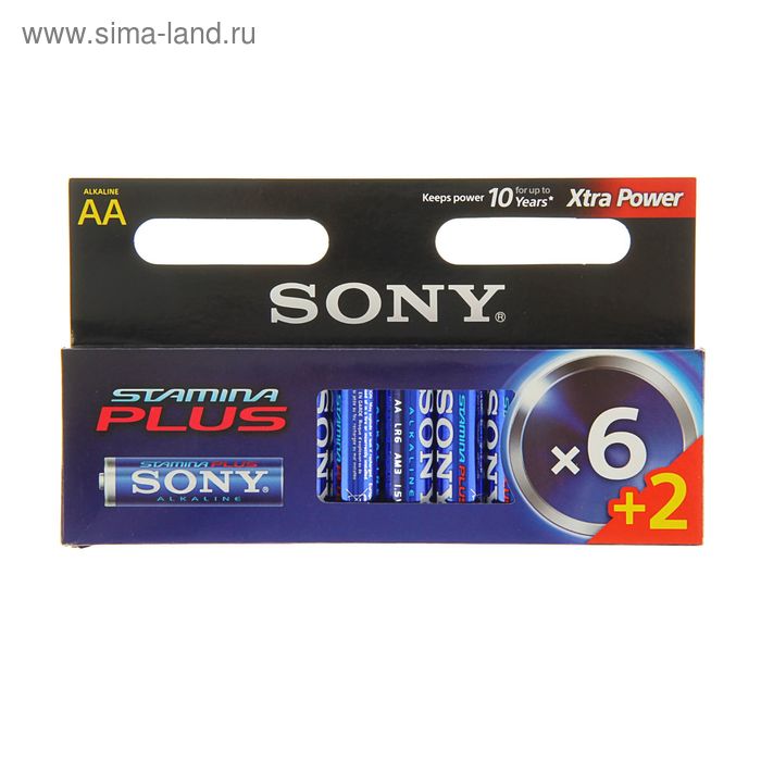 Батарейка алкалиновая Sony Stamina Plus, AA, LR6-8BL, 1.5В, блистер, 6+2 шт. - Фото 1