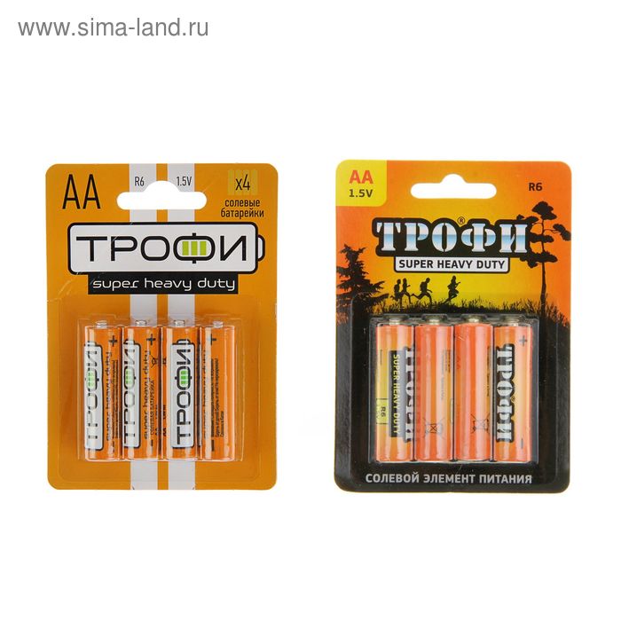 Батарейка солевая "Трофи" Super Heavy Duty, AA, R6-4BL, 1.5В, блистер, 4 шт. - Фото 1