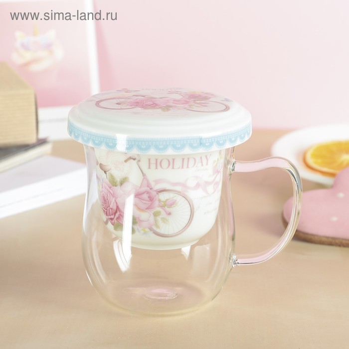 Кружка стеклянная "Выходной", 400 мл, с керамическим ситом и крышкой - Фото 1