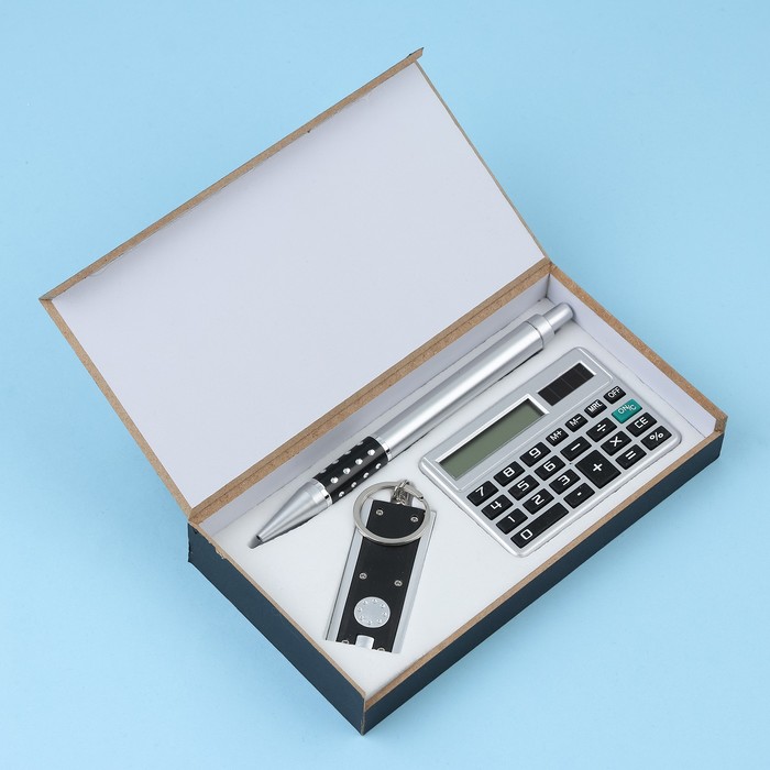 Набор подарочный 3в1 (ручка, калькулятор, фонарик черный) - Фото 1