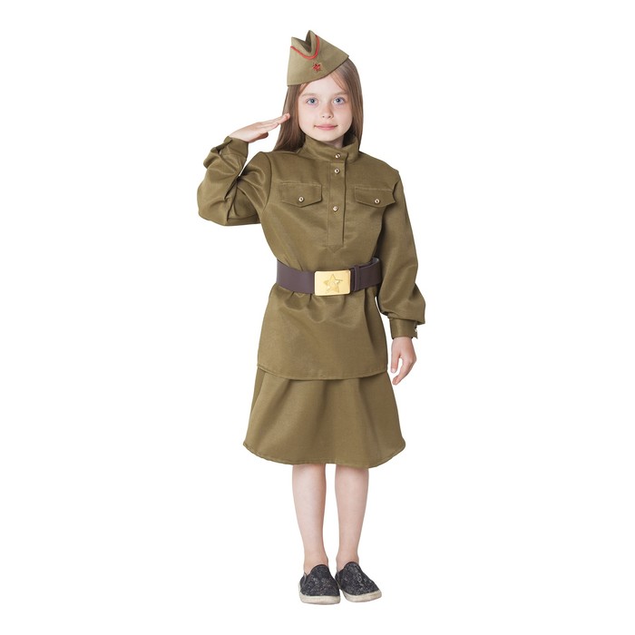 Костюм военный для девочки: гимнастёрка, юбка, ремень, пилотка, рост 146 см, р-р 38 - Фото 1