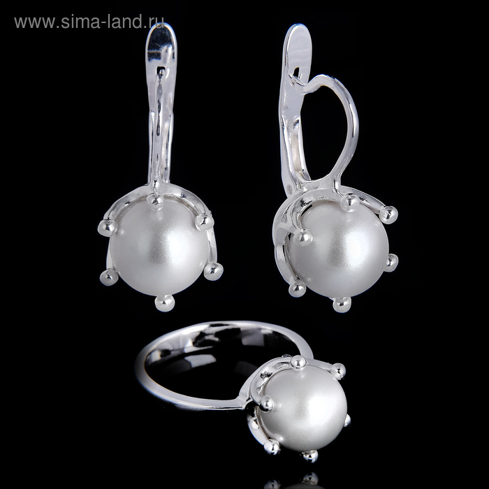 Гарнитур 2 предмета: серьги, кольцо "Экес", размер 18, цвет белый в серебре - Фото 1
