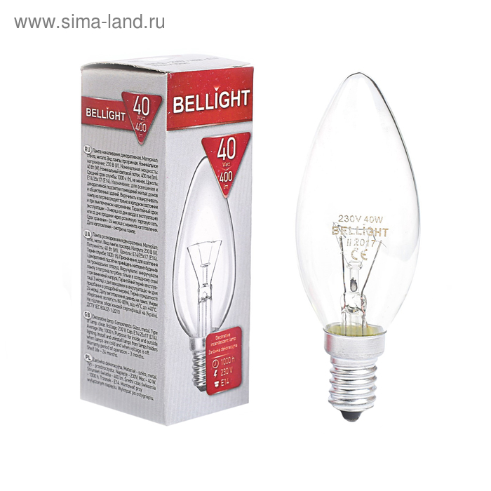 Лампа накаливания BELLIGHT, B35CL, 40 Вт, Е14, 230 В - Фото 1