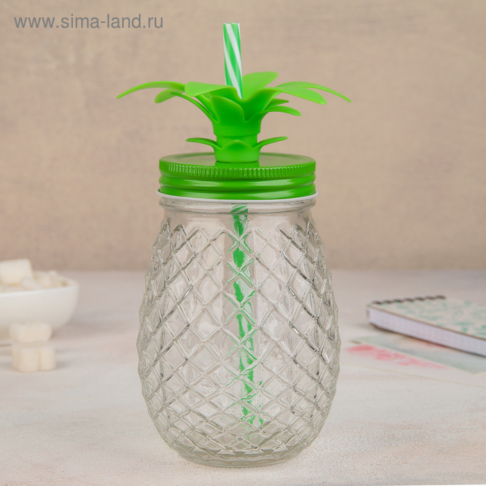 Банка «Ананас», 450 мл, с крышкой и трубочкой, цвет МИКС - Фото 1