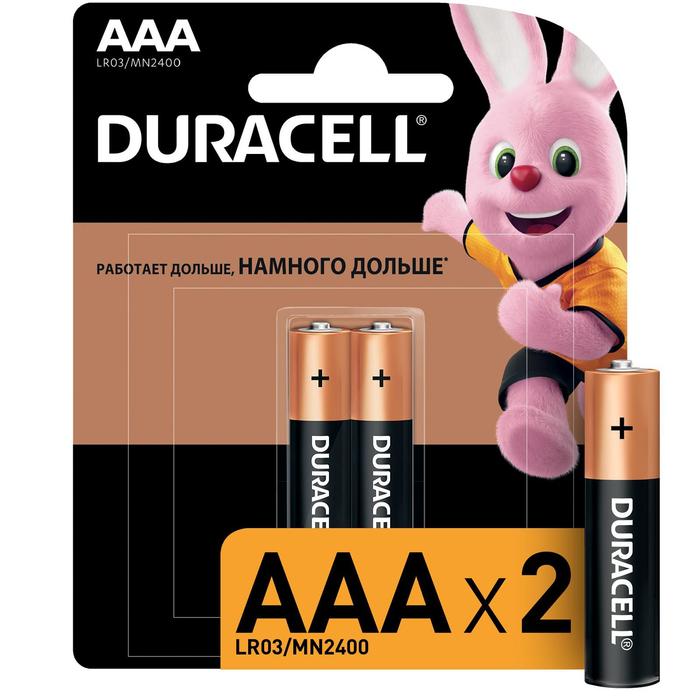 Батарейка алкалиновая Duracell Basic, AAA, LR03-2BL, 1.5В, блистер, 2 шт. - Фото 1