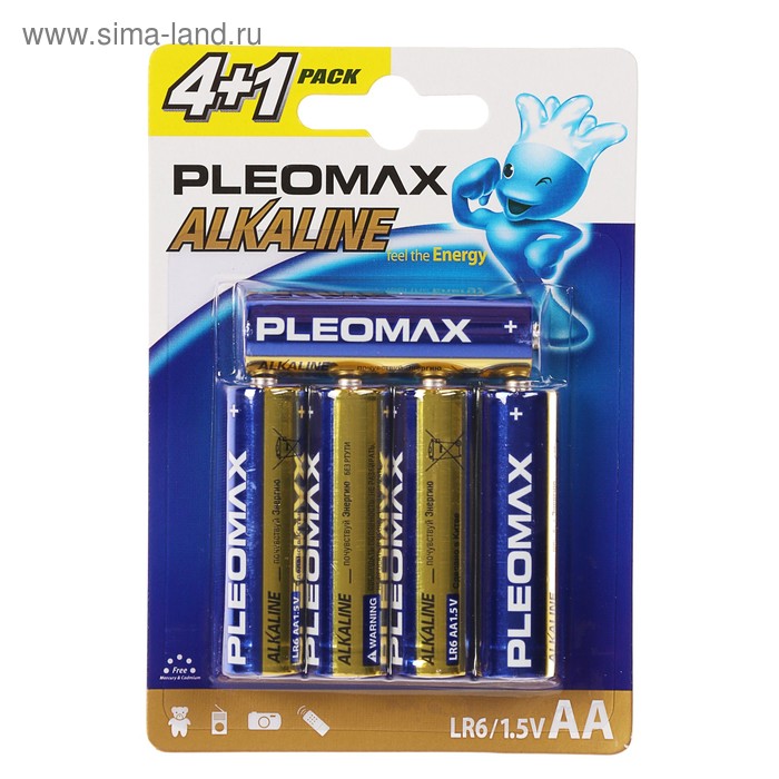 Батарейка алкалиновая Pleomax, AA, LR6-5BL, 1.5В, блистер, 4+1 шт. - Фото 1