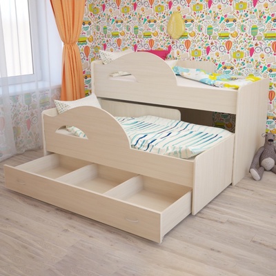 Кровать двухъярусная выкатная Матрешка 800х1600 с ящиком Млечный дуб