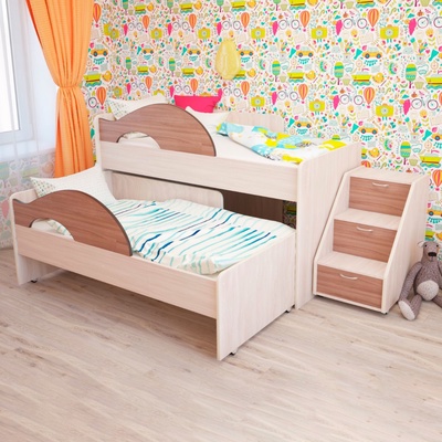 Кровать двухъярусная выкатная Матрешка 800х1600 с лестницей Ясень шимо светлый/темный