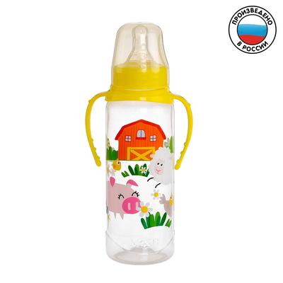 Бутылочка для кормления малыша M&B «Весёлая ферма», классическое горло, с ручками, 250 мл., от 0 мес, жёлтая