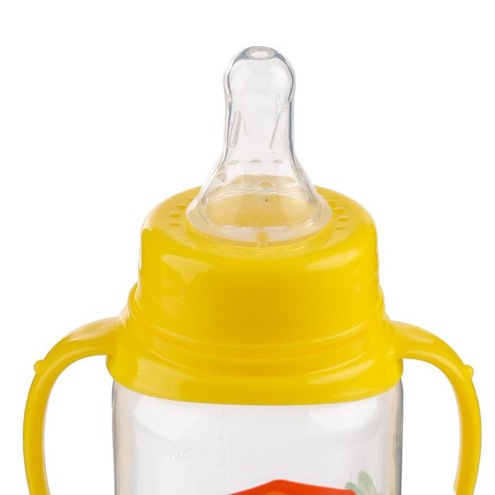 Бутылочка для кормления «Весёлая ферма», классическое горло, с ручками, 250 мл., от 0 мес, цвет жёлтый - фото 1896655959