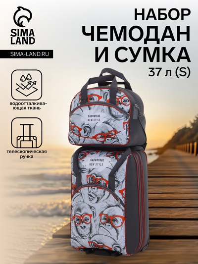 Набор Sacvoyage: чемодан 37 л (S) на колёсах малый, расширением, сумка на молнии с карманом, серый