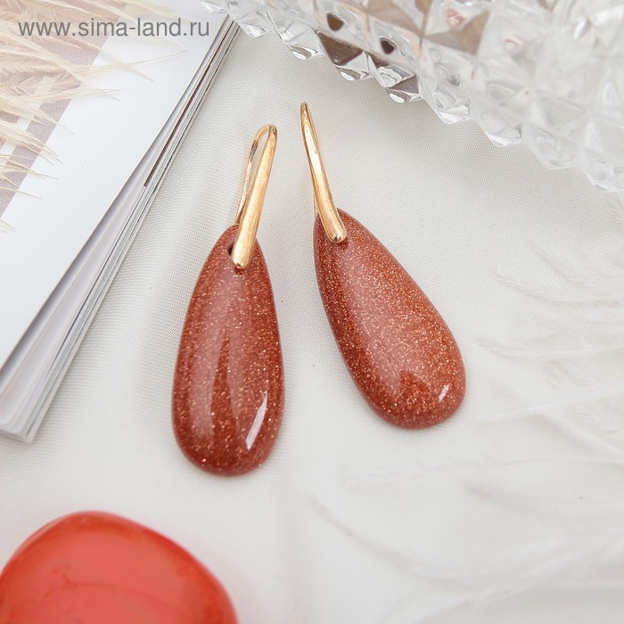 Серьги «Авантюрин коричневый» капля длинная - Фото 1