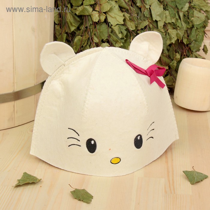 Банная шапка с детской вышивкой "Китти", белая, фетр - Фото 1