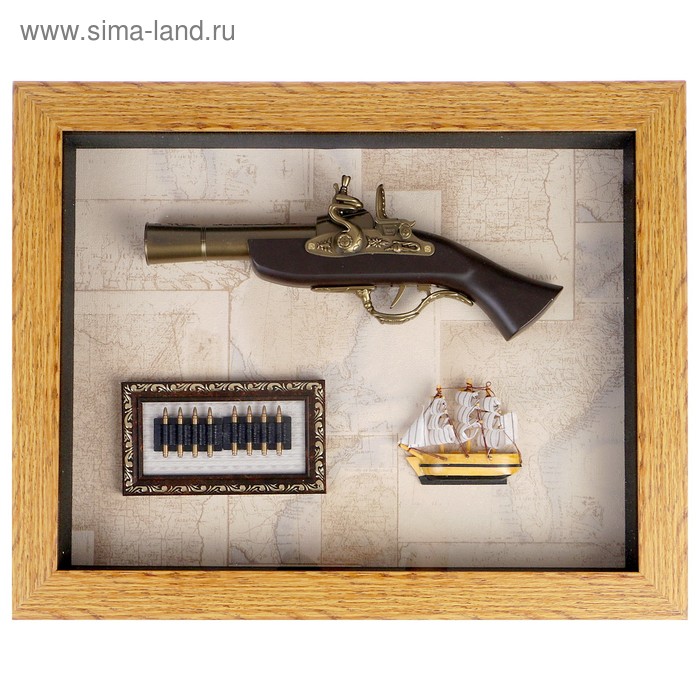 Пистолет в раме, структура дерево, пули, корабль, на карте мира, 49х39 см - Фото 1