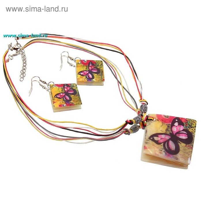 Гарнитур 2 предмета: кулон, серьги «Роспись» ромб с бабочками - Фото 1