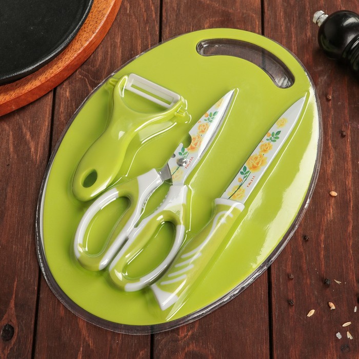 Набор кухонных принадлежностей Доляна, 4 предмета: нож, ножницы с антиналипающим покрытием, овощечистка, доска, цвет зелёный - фото 1906930112