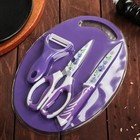Набор кухонных принадлежностей, 4 предмета: нож, ножницы с антиналипающим покрытием, овощечистка, доска, цвет фиолетовый - фото 19265606
