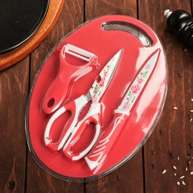 Набор кухонных принадлежностей, 4 предмета: нож, ножницы с антиналипающим покрытием, овощечистка, доска, цвет красный