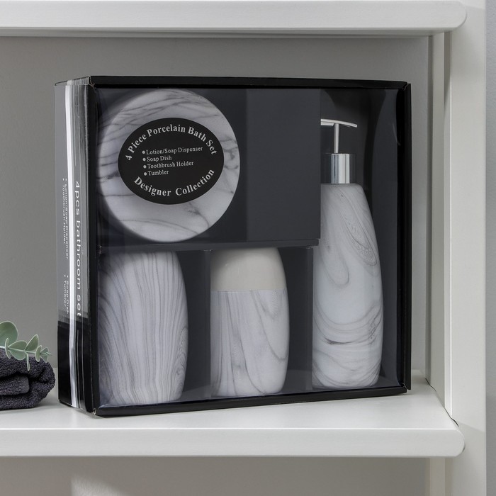 Набор аксессуаров для ванной комнаты «Мрамор», 4 предмета (дозатор 400 мл, мыльница, 2 стакана), цвет белый - фото 1905480963