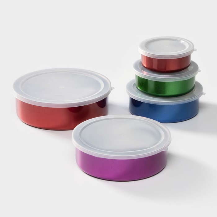 Набор контейнеров из нержавеющей стали «Радуга», 5 шт.: d=18/16/14/12/10 см, с крышками, МИКС - Фото 1