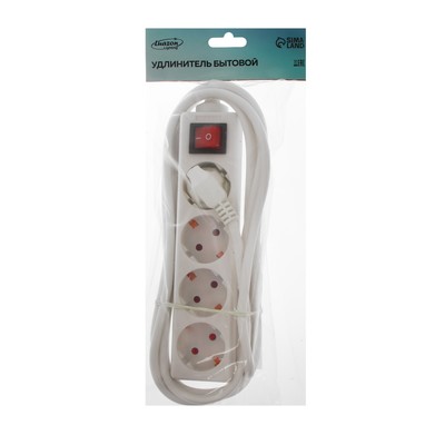 Удлинитель Luazon Lighting, 4 розетки, 3 м, 10 А, 2200 Вт, 3×1.5 мм2, с заземлением, с выключателем, белый