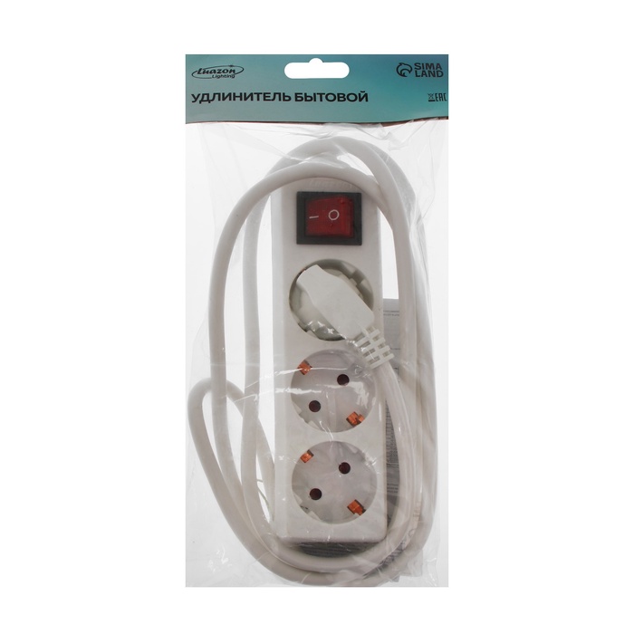 Удлинитель Luazon Lighting, 3 розетки, 1.8 м, 10 А, 2200 Вт, 3×1.5 мм2, с заземлением, с выключателем, белый - фото 51923991
