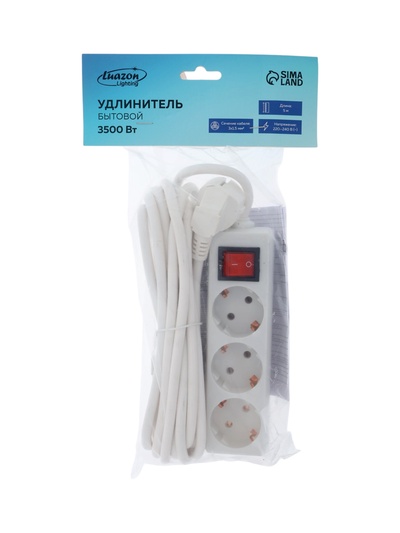 Удлинитель Luazon Lighting, 3 розетки, 5 м, 10 А, 3500 Вт, 3×1.5 мм2, с заземлением, с выключателем, белый
