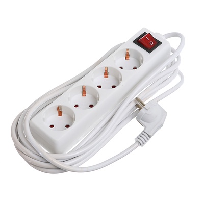 Удлинитель Luazon Lighting, 4 розетки, 5 м, 6 А, 1300 Вт, 3×0.75 мм2, с заземлением, с выключателем, белый