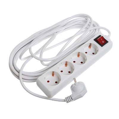 Удлинитель Luazon Lighting, 4 розетки, 7 м, 6 А, 1300 Вт, 3х0.5 мм2, без з/к, с выкл., Б