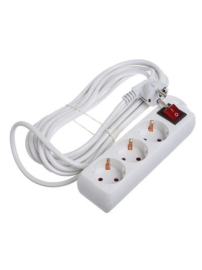Удлинитель Luazon Lighting, 3 розетки, 5 м, 6 А, 1300 Вт, 3×0.75 мм2, с заземлением, с выключателем, белый